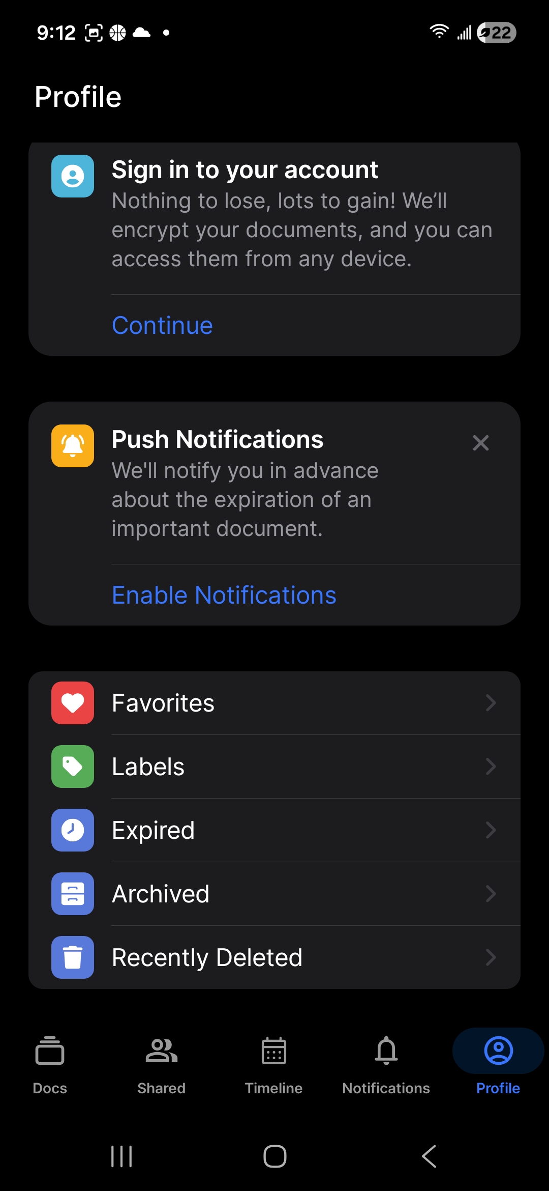 Profile with favorites, labels, and categories